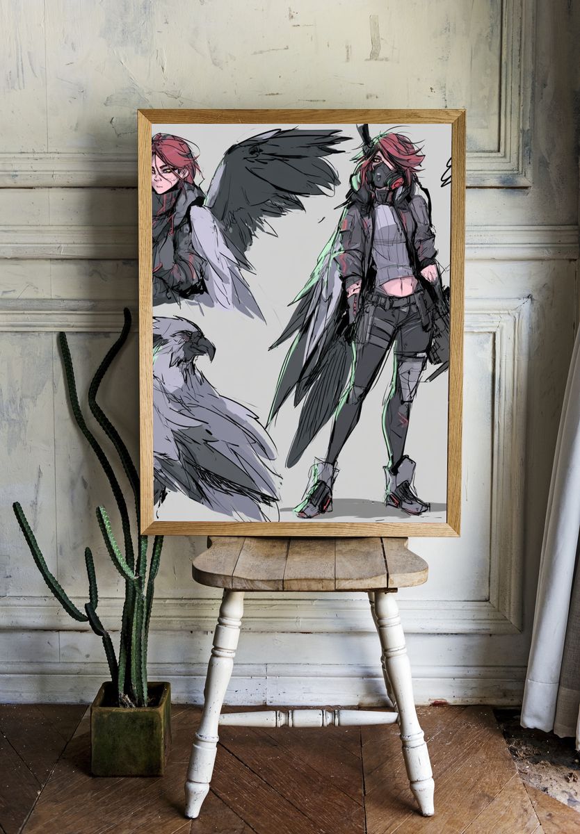 Cyberpunk Raven Girl Illustration Poster. — room view 1