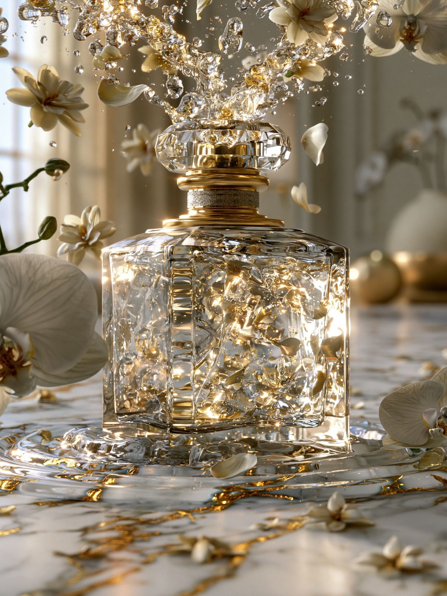 Golden Orchid Perfume Bottle Print. poster — illustration art