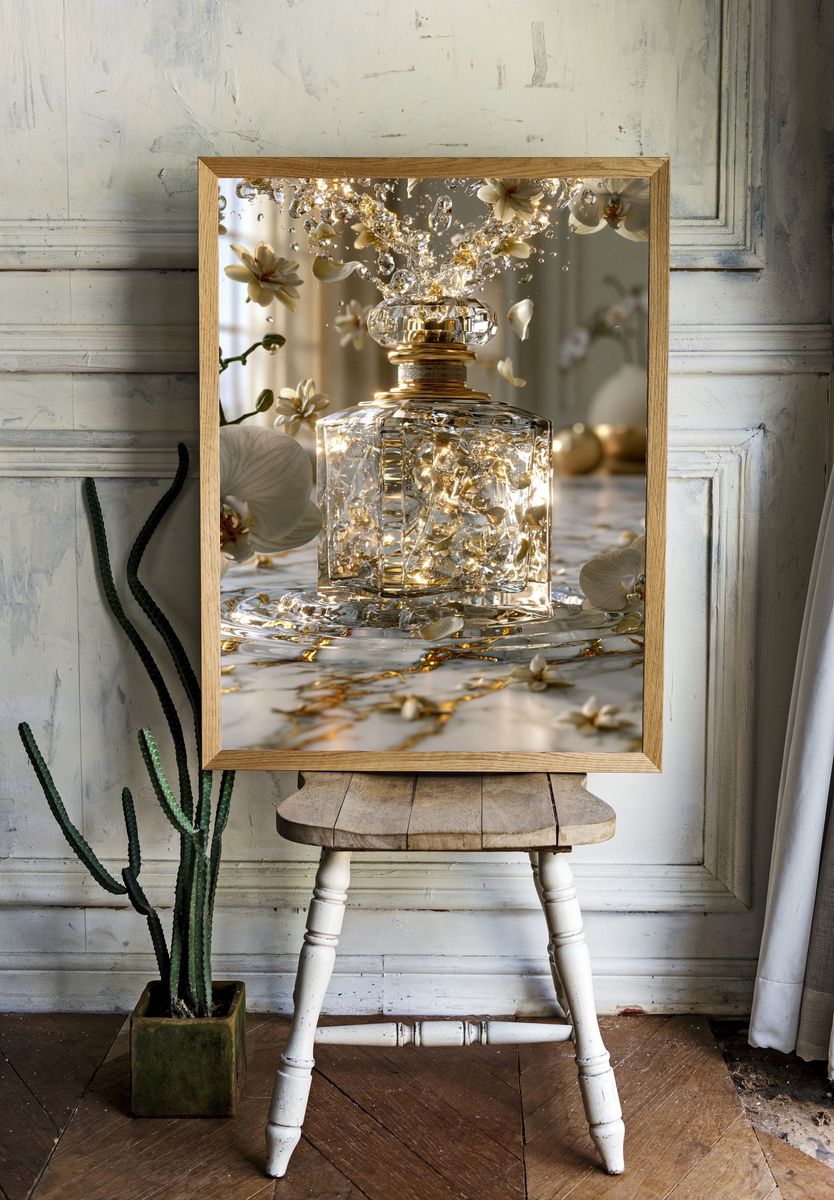 Golden Orchid Perfume Bottle Print. room preview
