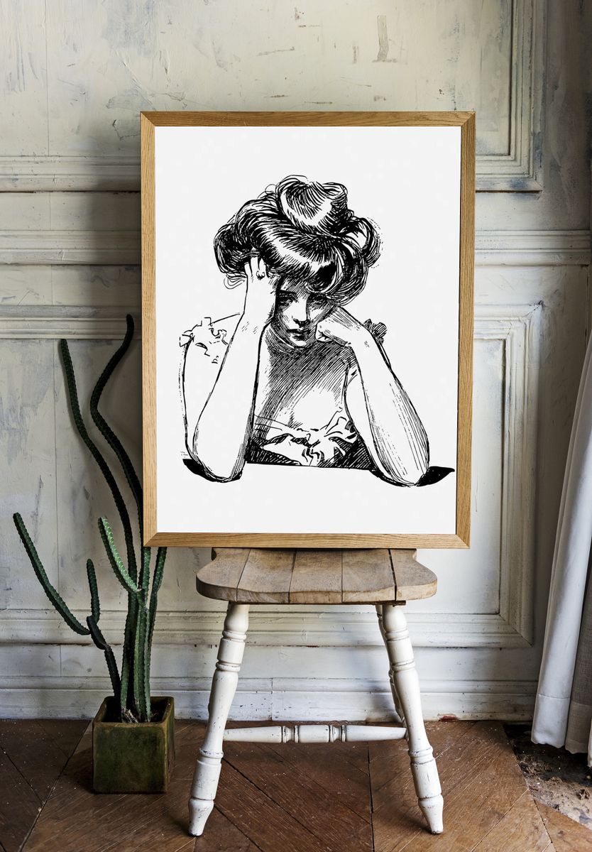 Sad woman drawing, vintage illustration. — room view 1