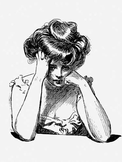 Sad woman drawing, vintage illustration.