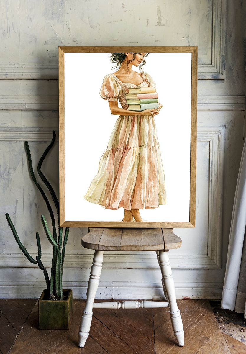 Woman with Books Watercolor Print. — room view 1
