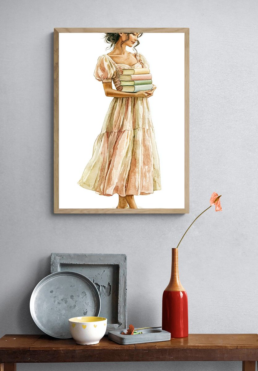 Woman with Books Watercolor Print. — room view 3