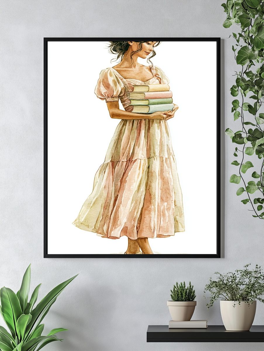 Woman with Books Watercolor Print. — room view 4