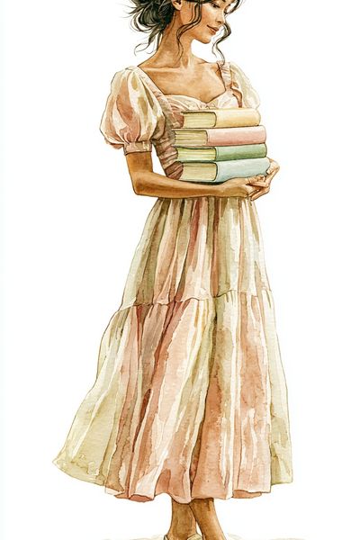 Woman with Books Watercolor Print.