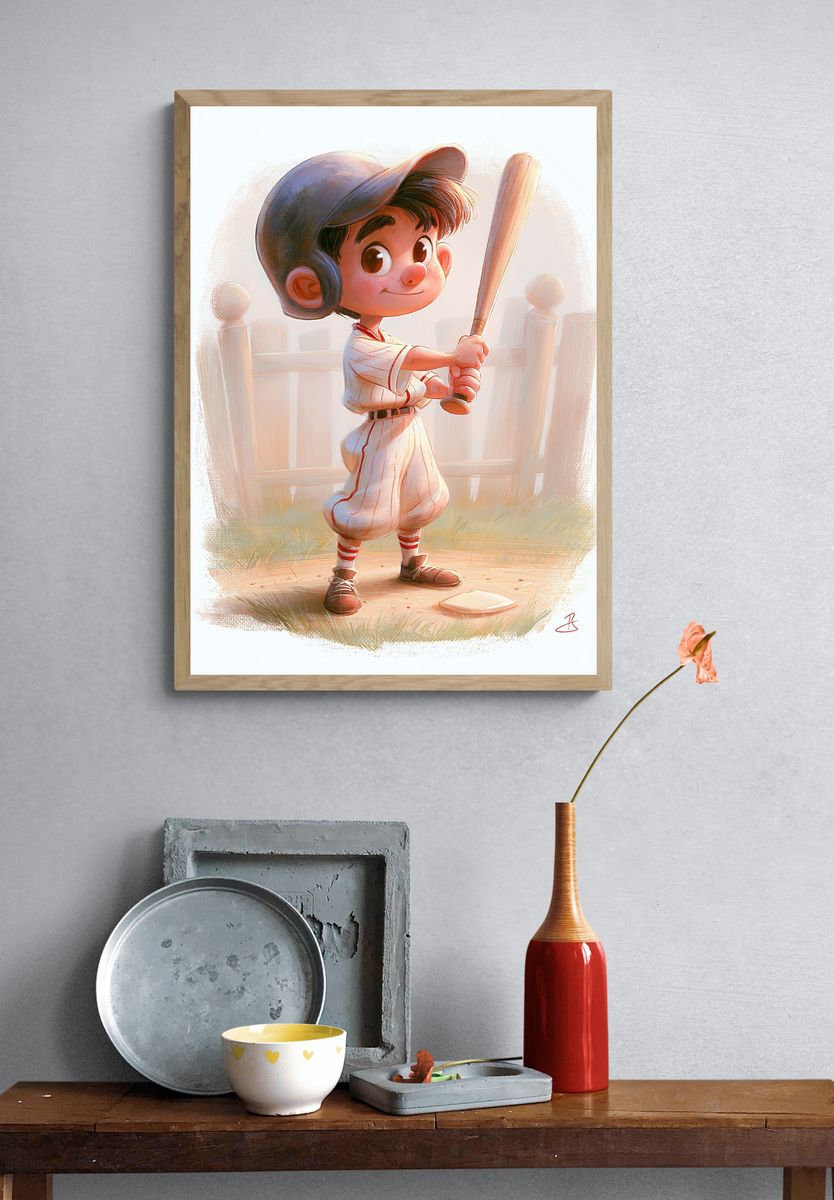 Little Baseball Player Illustration Poster. — room view 3