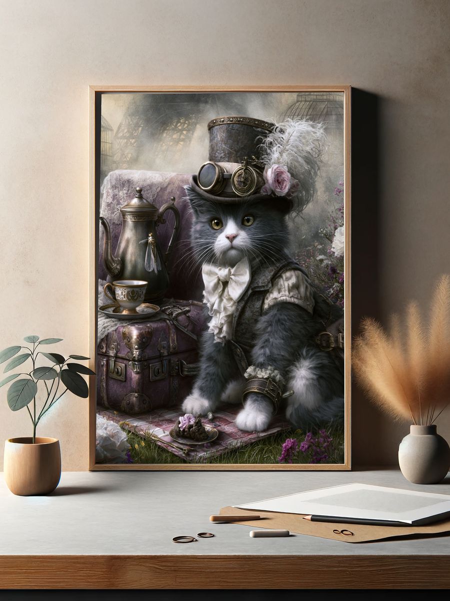 Steampunk Cat Portrait Print. — room view 2