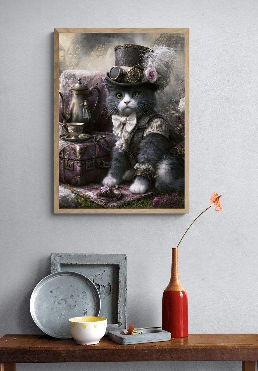 Steampunk Cat Portrait Print. — room view 3