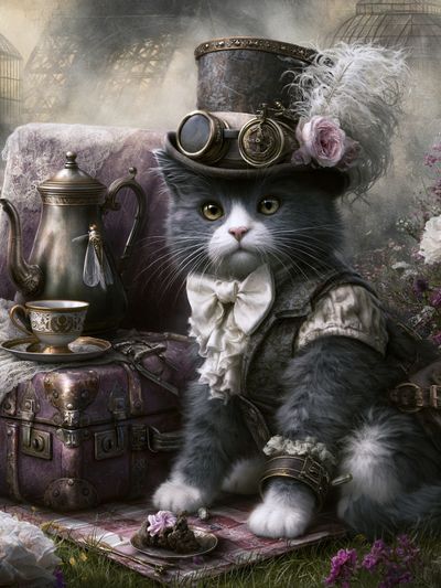 Steampunk Cat Portrait Print.