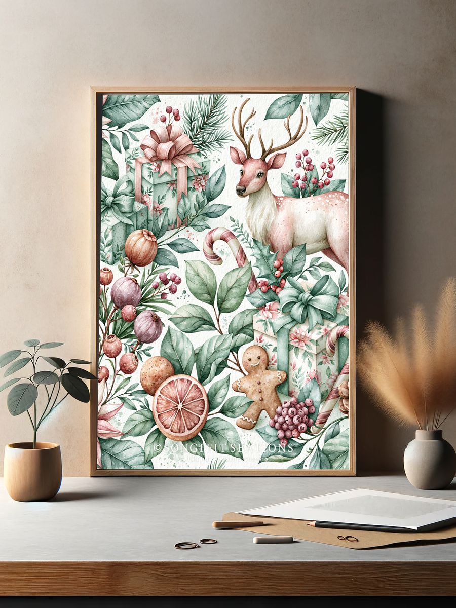Christmas Deer Watercolor Poster. — room view 2