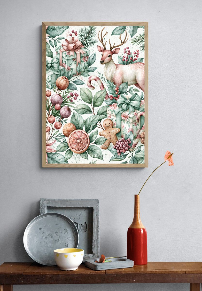 Christmas Deer Watercolor Poster. — room view 3
