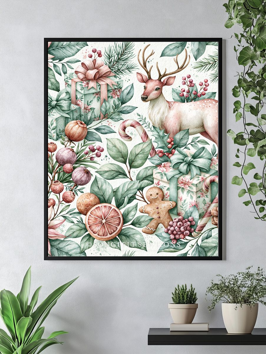 Christmas Deer Watercolor Poster. — room view 4
