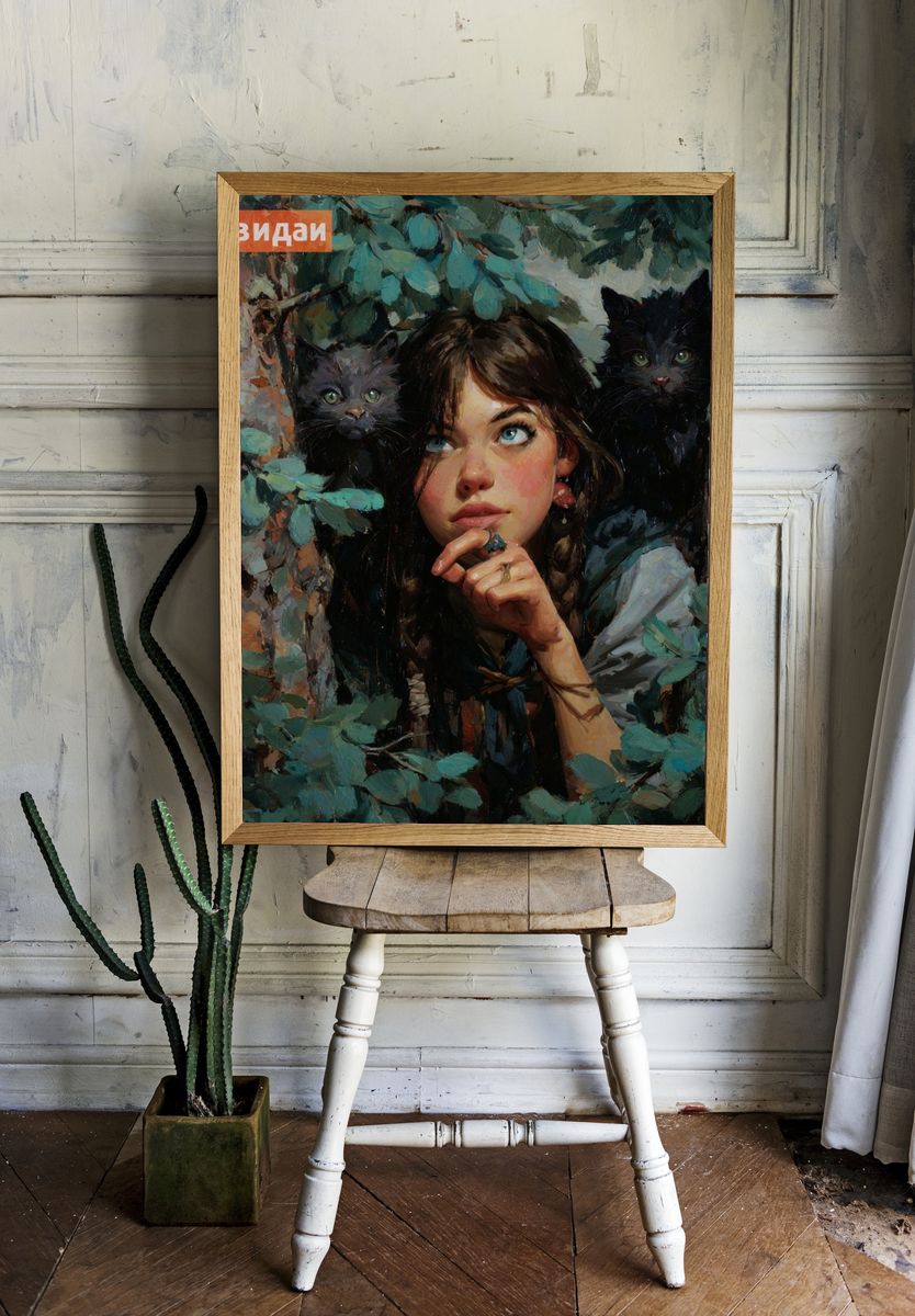 Girl with Black Cats Illustration Poster. — room view 1