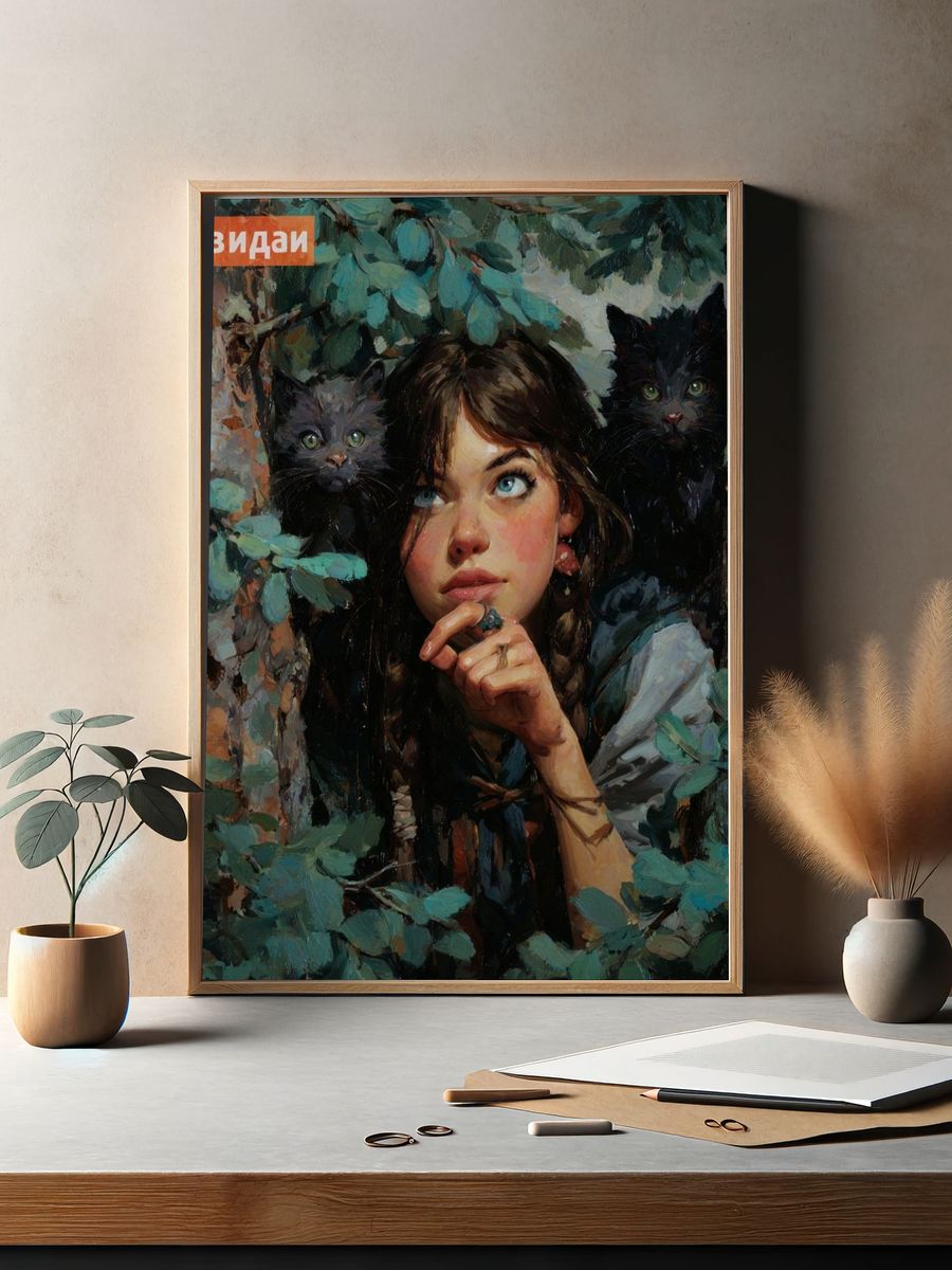 Girl with Black Cats Illustration Poster. — room view 2