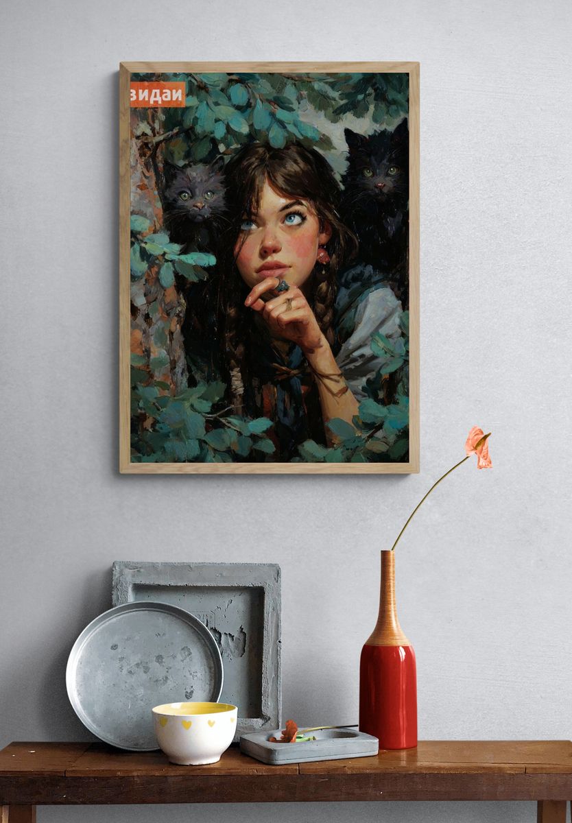 Girl with Black Cats Illustration Poster. — room view 3