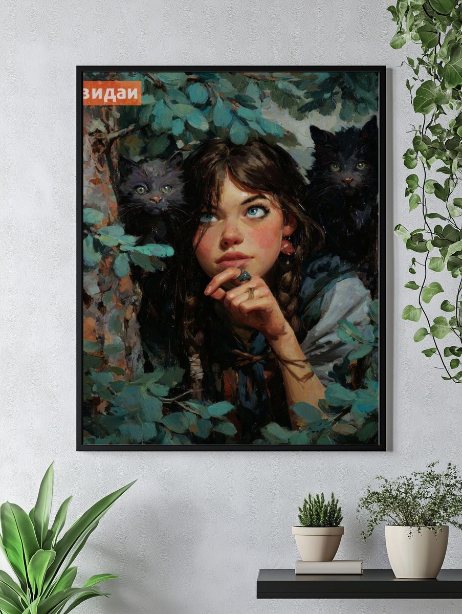 Girl with Black Cats Illustration Poster. — room view 4