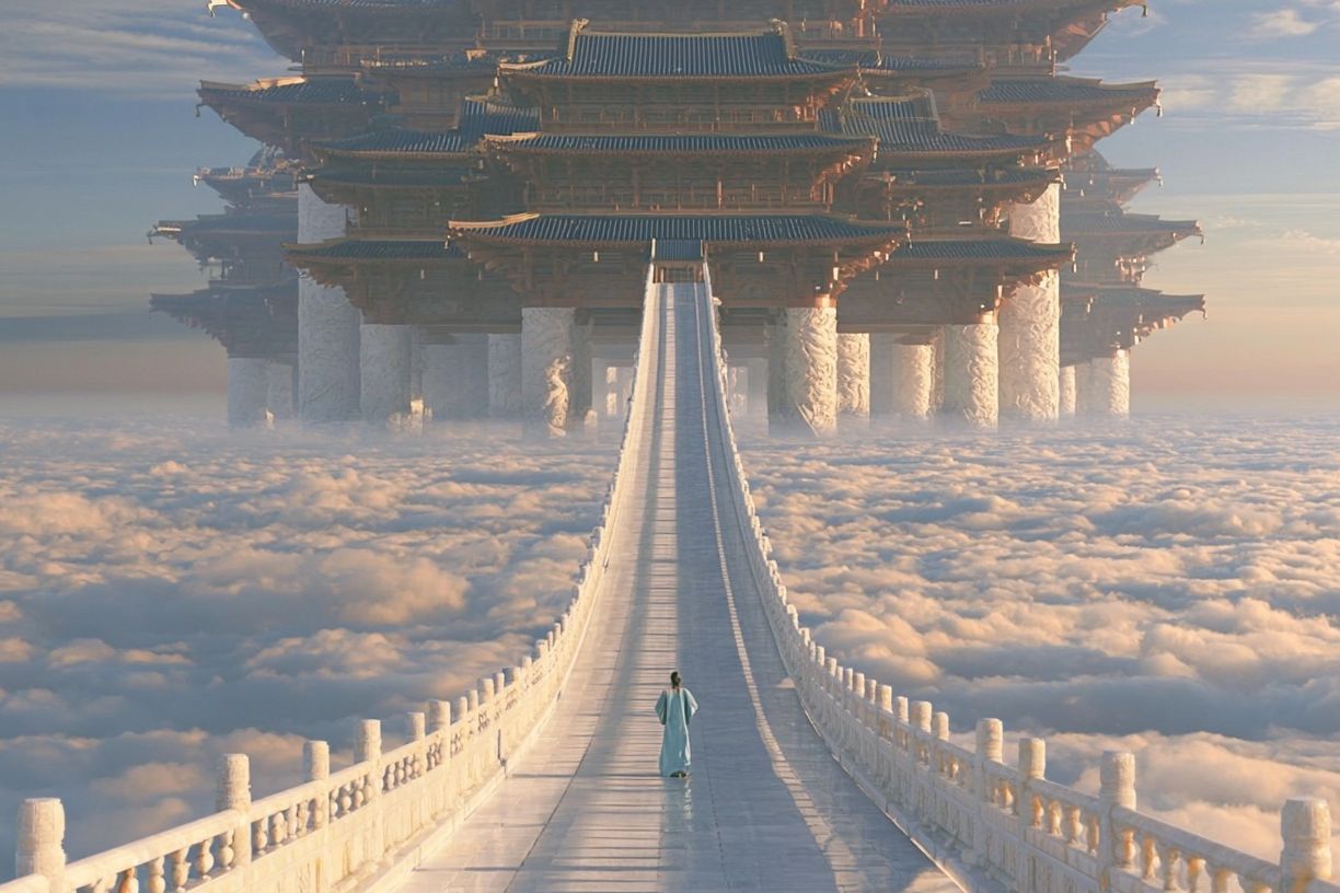 Celestial Temple Bridge Fantasy Print. poster detail