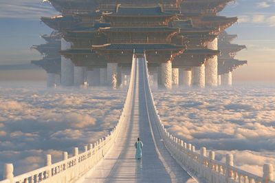 Celestial Temple Bridge Fantasy Print. poster