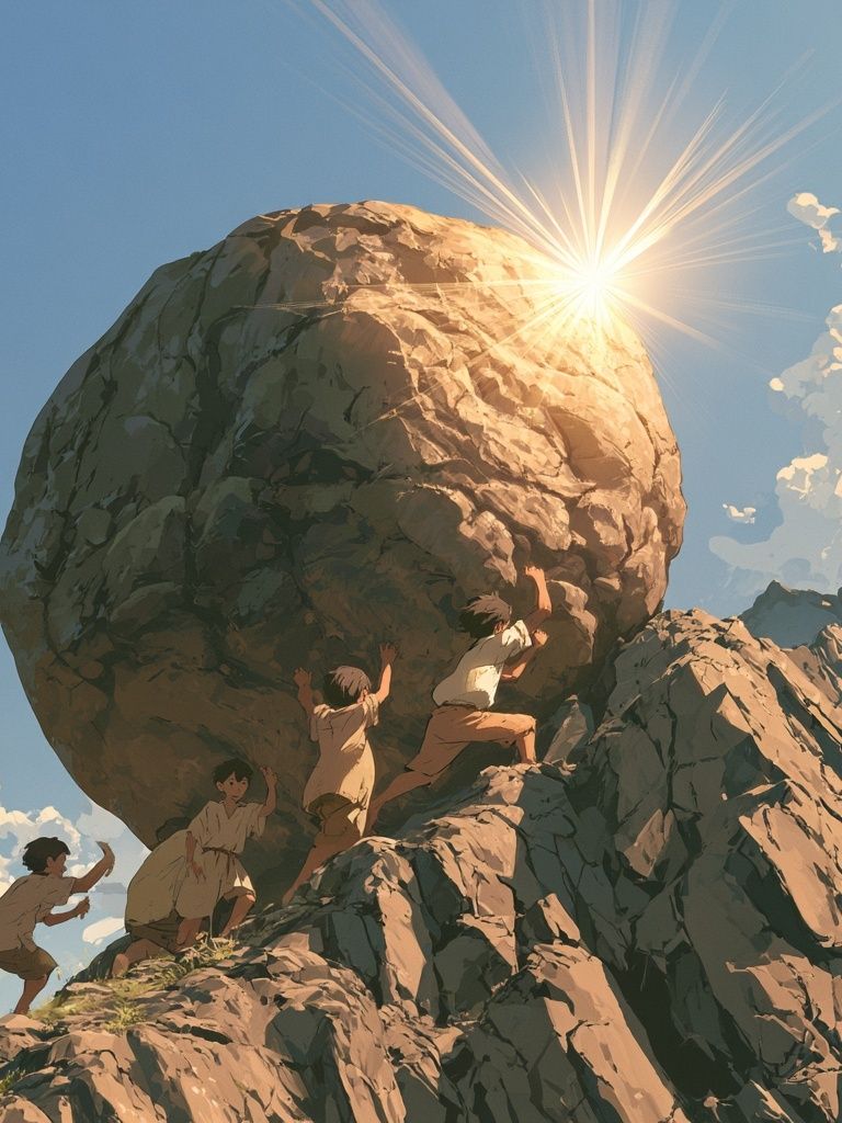 Children Pushing Boulder Illustration Poster. poster detail
