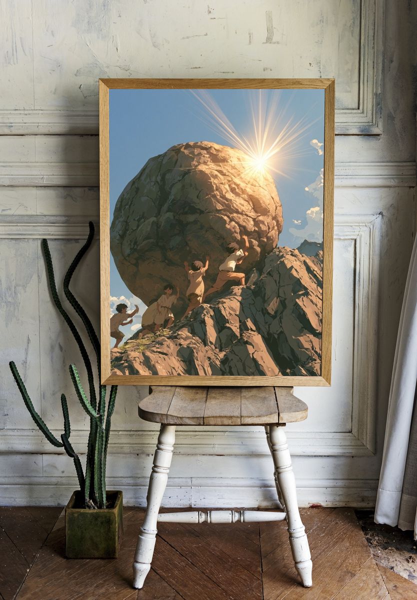 Children Pushing Boulder Illustration Poster. room preview