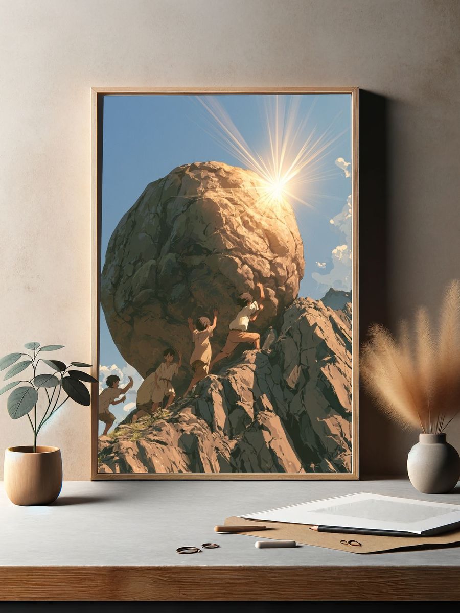 Children Pushing Boulder Illustration Poster. — room view 2