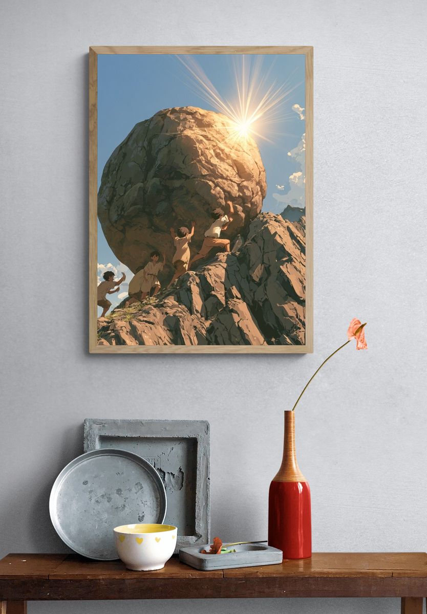 Children Pushing Boulder Illustration Poster. — room view 3