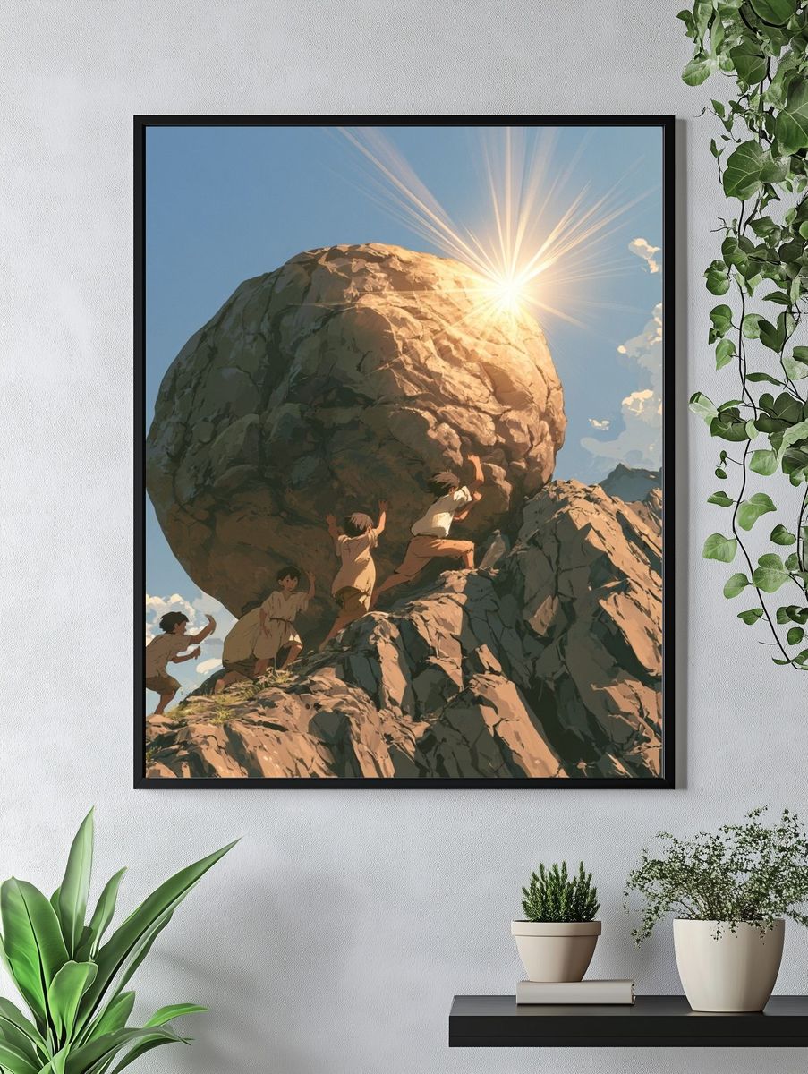 Children Pushing Boulder Illustration Poster. — room view 4