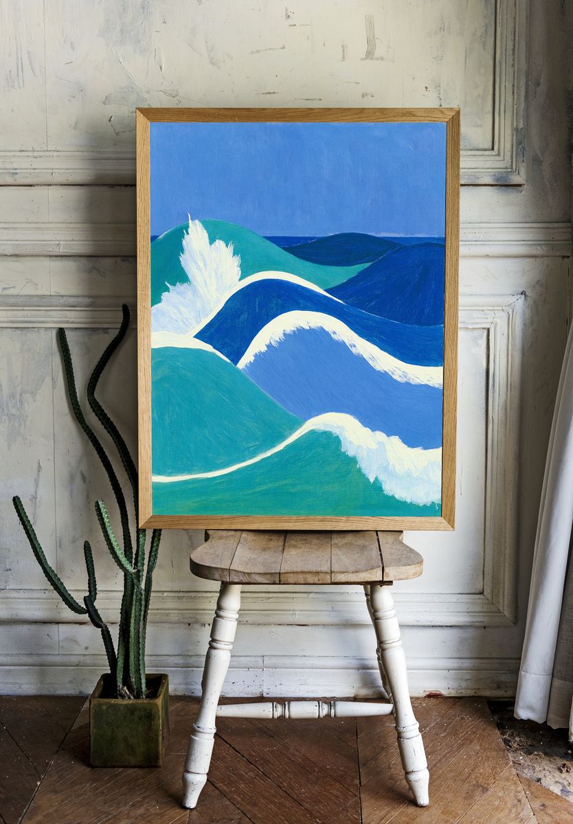 Blue Ocean Waves Illustration Poster. room preview