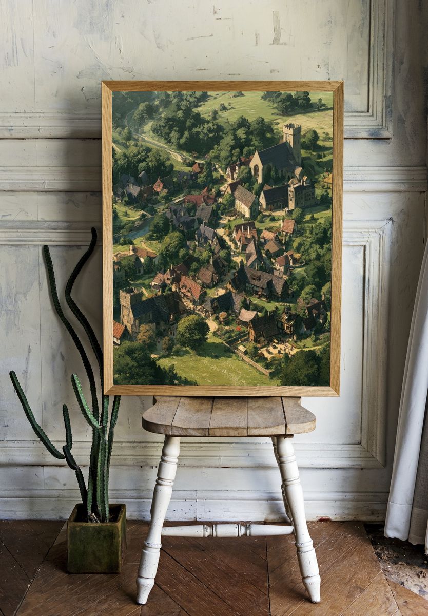Medieval Village Landscape Print. — room view 1