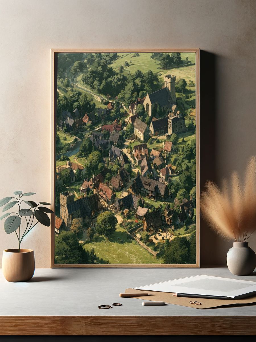 Medieval Village Landscape Print. — room view 2