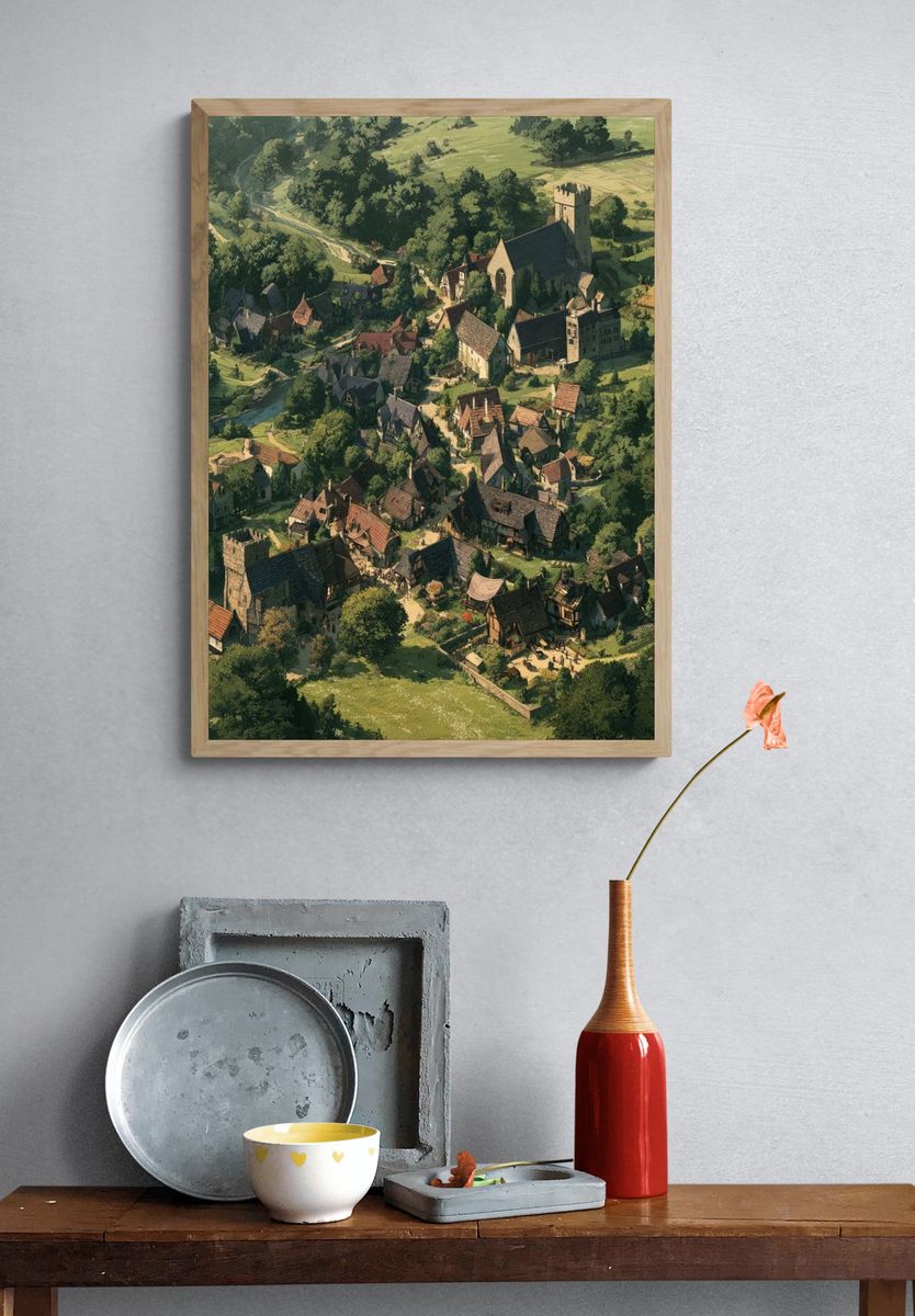 Medieval Village Landscape Print. — room view 3