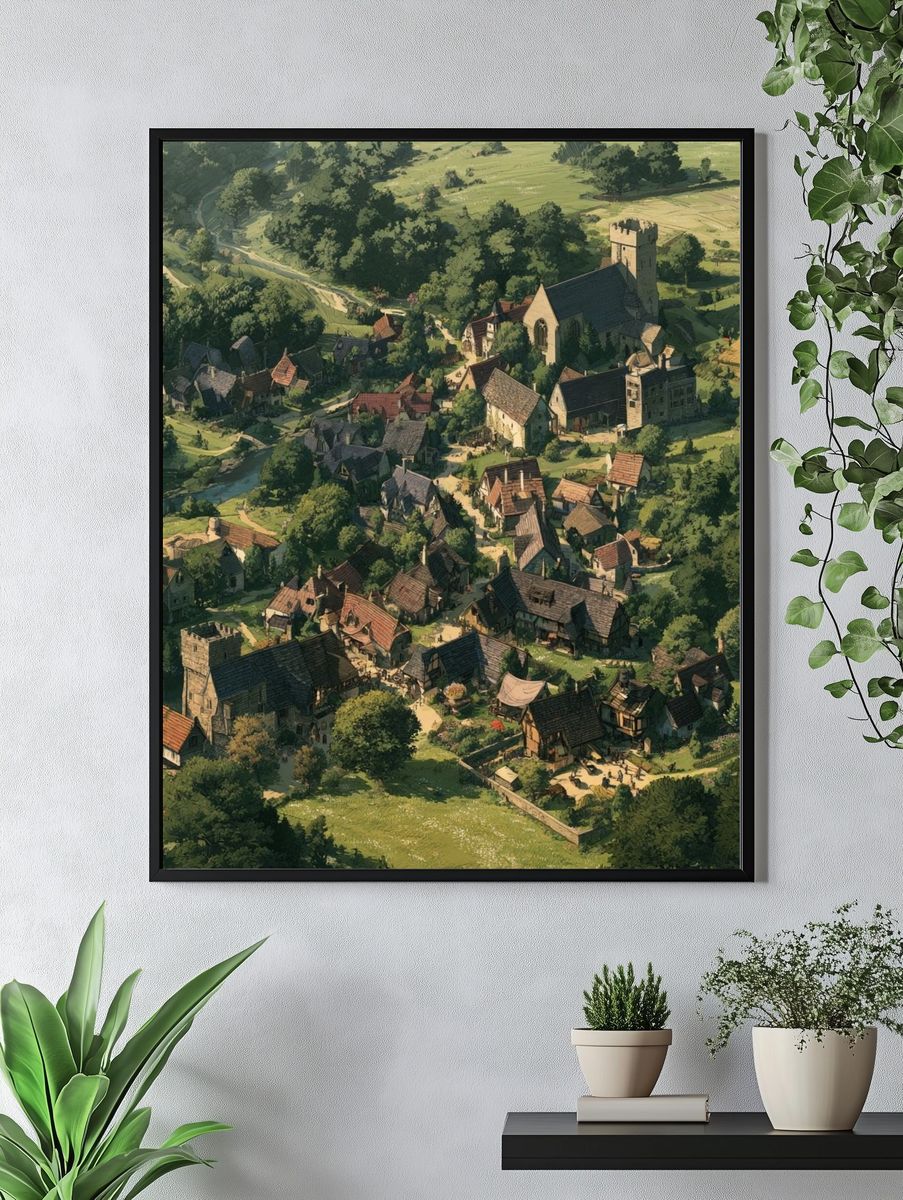 Medieval Village Landscape Print. — room view 4