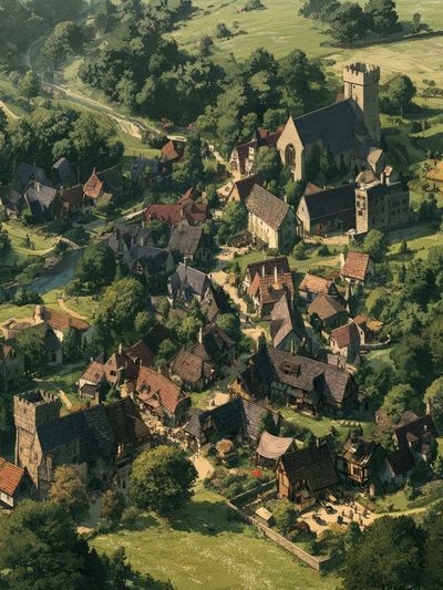 Medieval Village Landscape Print. poster