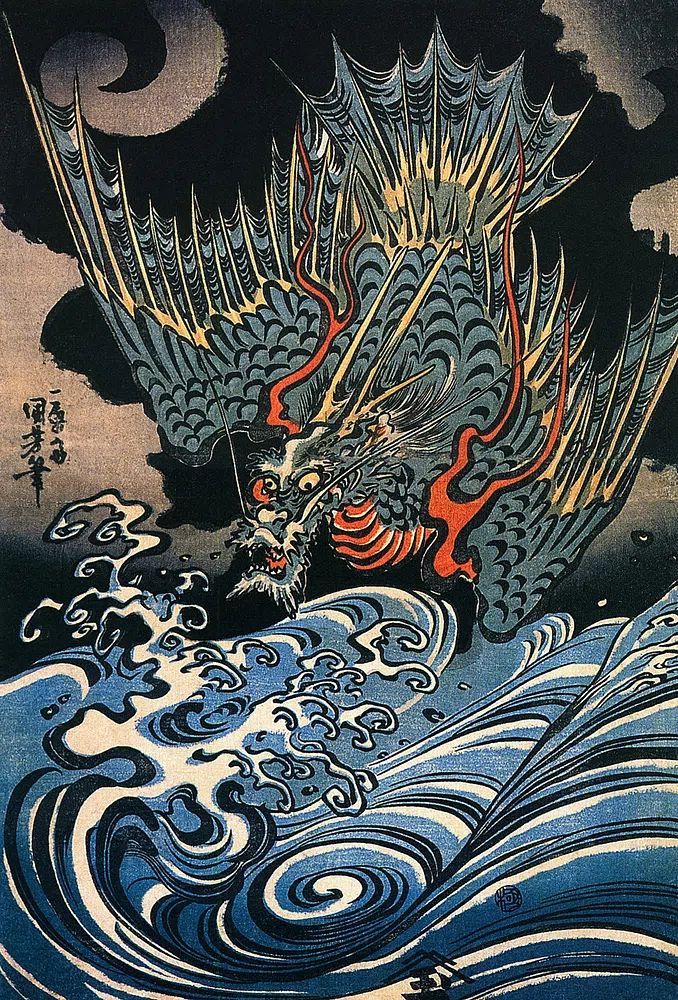 Dragon flying turbulent waves (1831). poster — illustration art