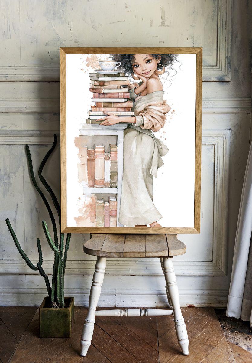 Bookish Girl Watercolor Print. room preview