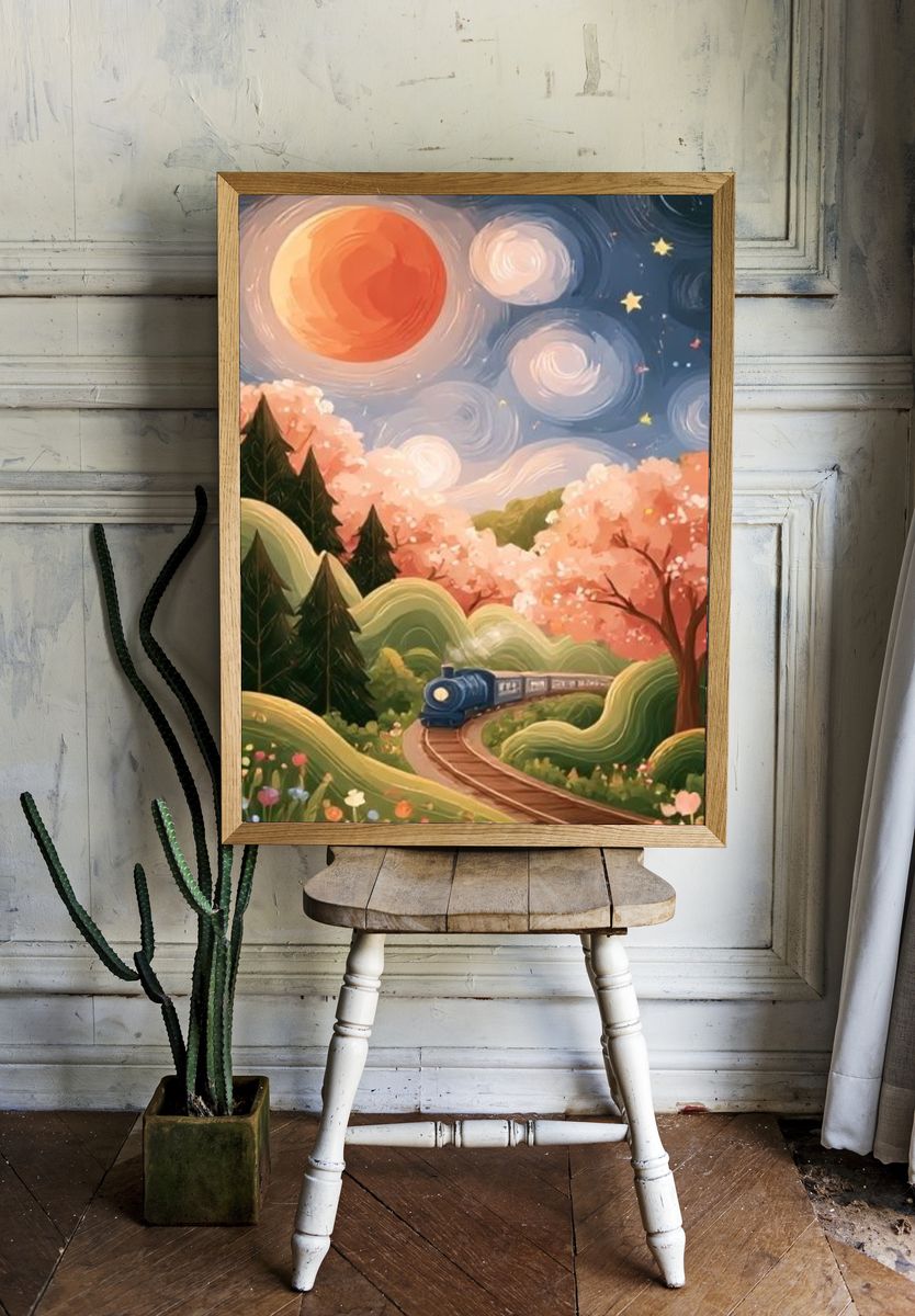 Whimsical Train Landscape Illustration Poster. room preview