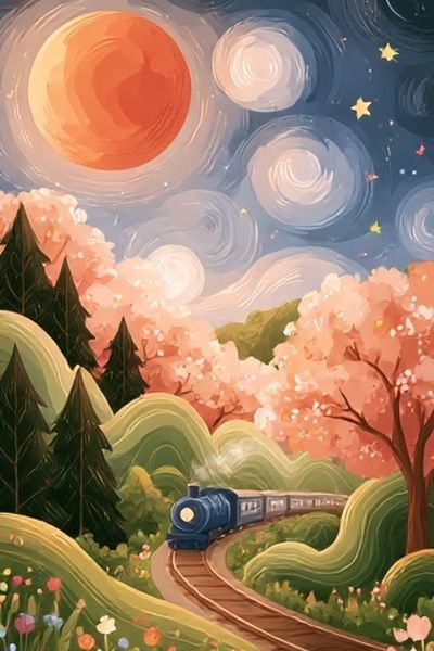 Whimsical Train Landscape Illustration Poster. poster