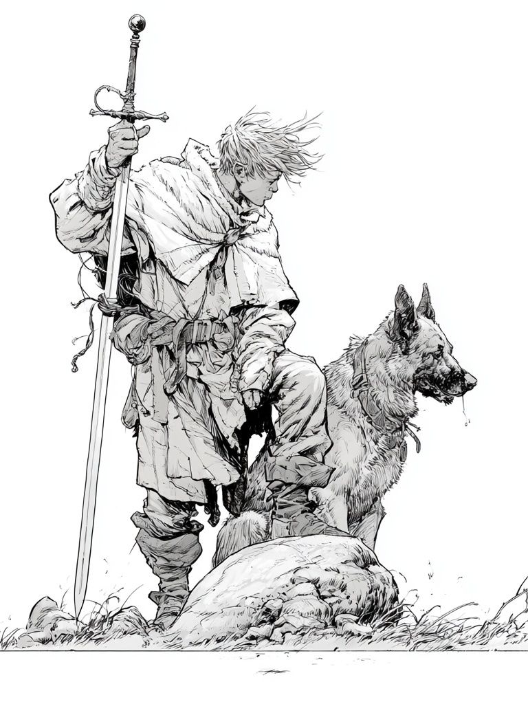 Fantasy Knight and Wolf Ink Print. poster — illustration art