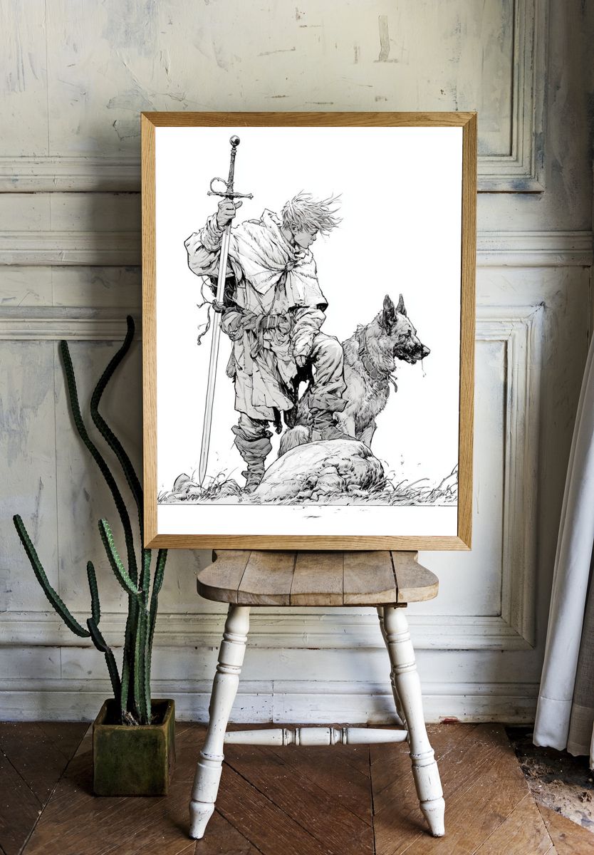 Fantasy Knight and Wolf Ink Print. — room view 1