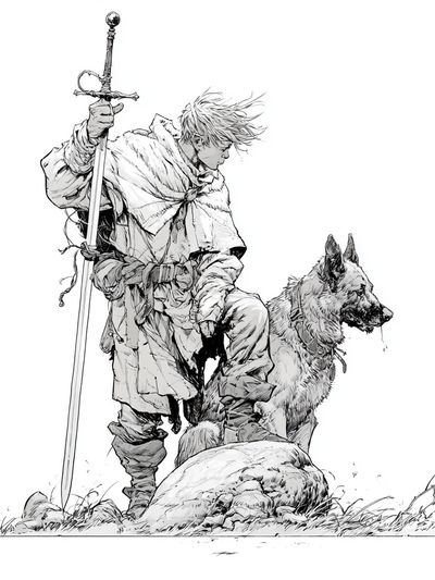 Fantasy Knight and Wolf Ink Print. poster