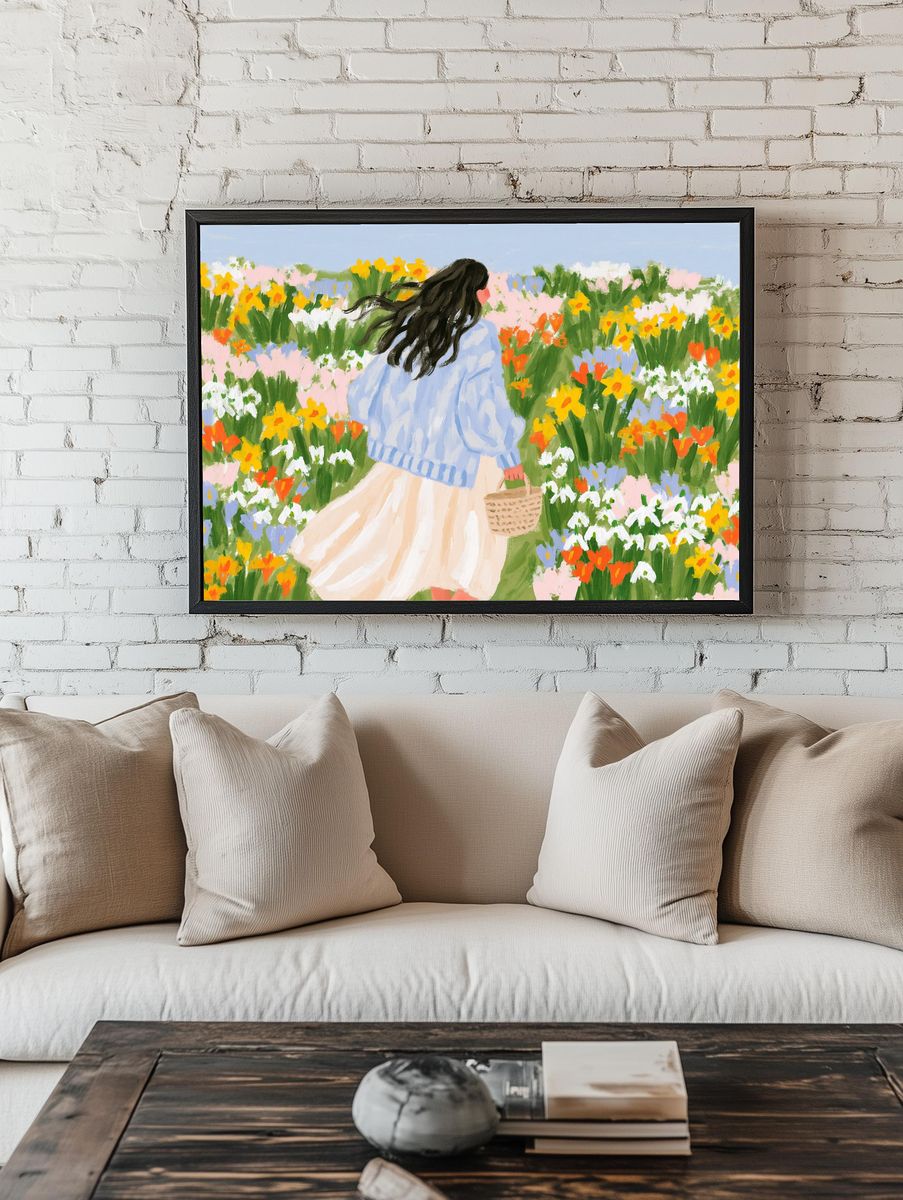 Girl in Flower Field Illustration Poster. — room view 1