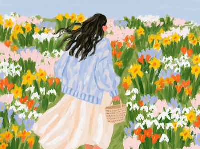 Girl in Flower Field Illustration Poster. poster