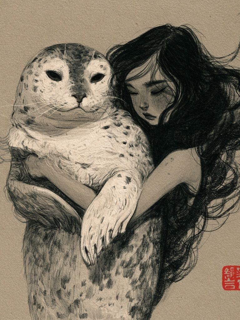 Girl and Seal Ink Print. poster detail