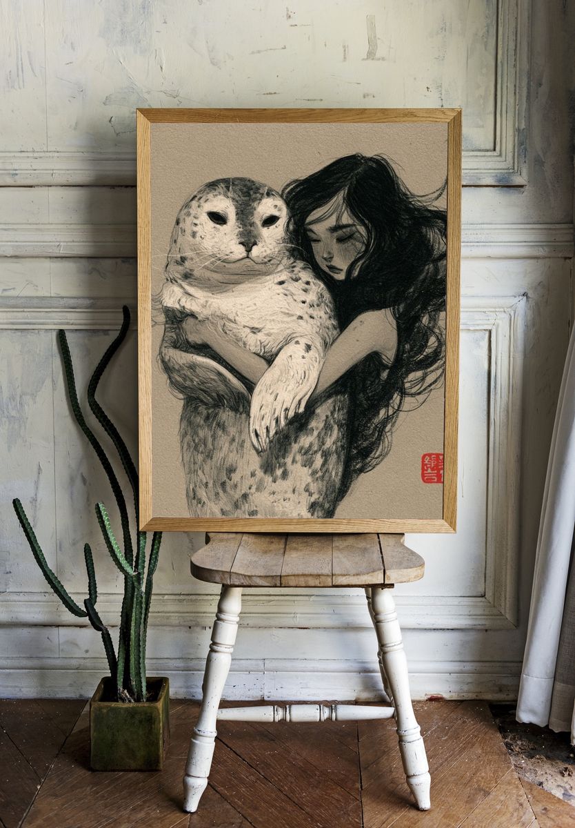 Girl and Seal Ink Print. room preview
