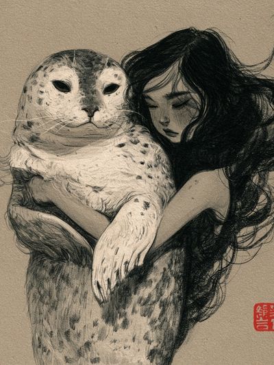 Girl and Seal Ink Print.