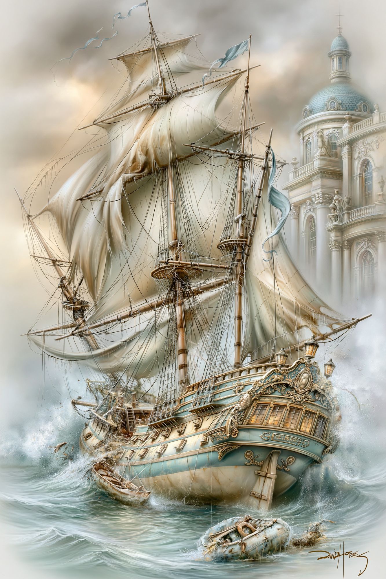 Stormy Sailing Ship Fantasy Print. poster — illustration art