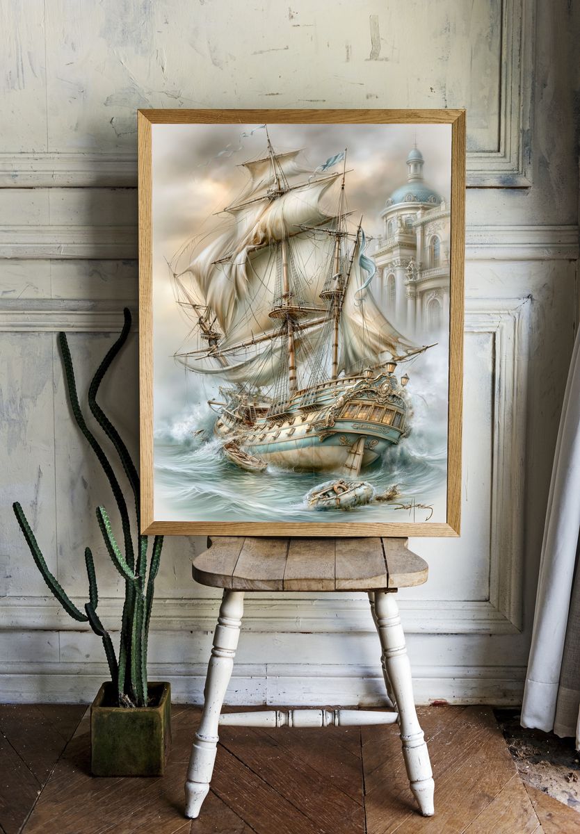 Stormy Sailing Ship Fantasy Print. room preview