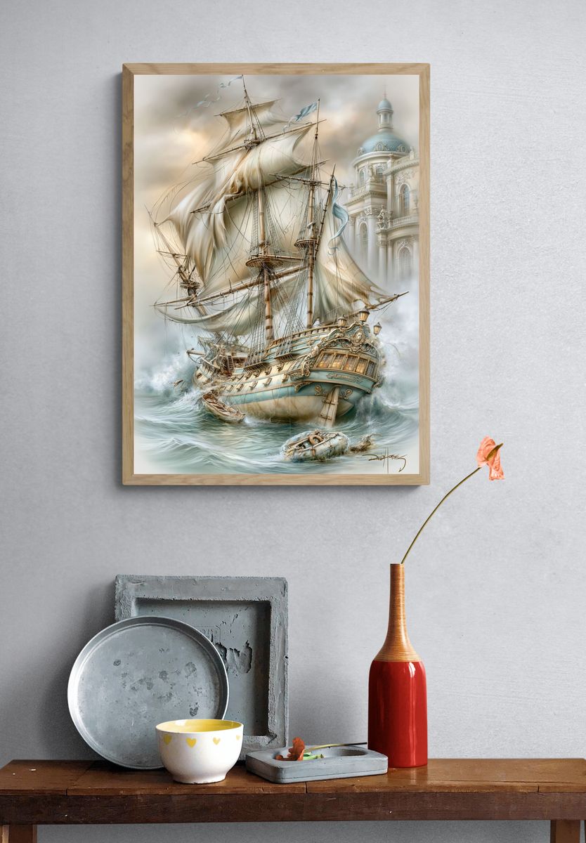 Stormy Sailing Ship Fantasy Print. — room view 3
