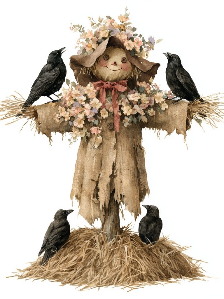 Scarecrow with Crows Illustration Poster. poster — illustration art