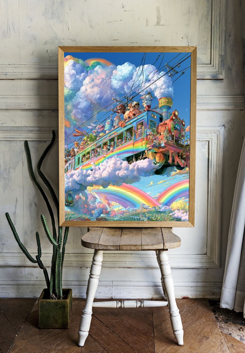 Rainbow Cloud Train Illustration Poster. — room view 1